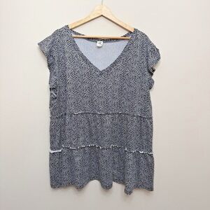 Sew In Love Tunic Top Womens 2X Black Animal Print Flutter Sleeve Ruffle Blouse